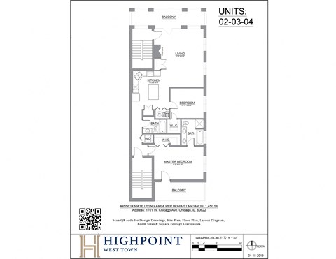 Floor plan for 2 beds, 2 baths, 1450 sqft